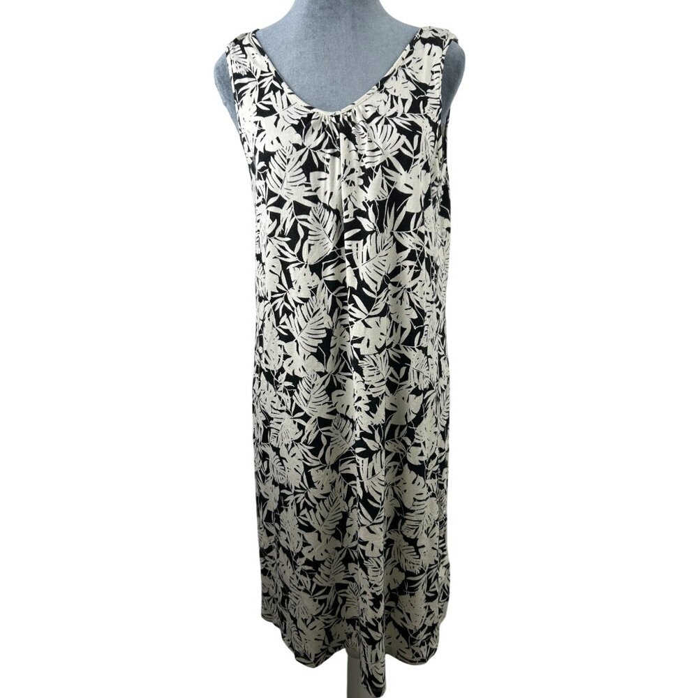J. Jill Black and Cream Leaf-Print Sleeveless Midi Dress